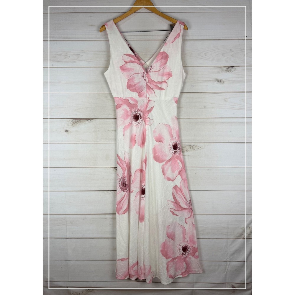 Paper Heart Dress Large Pink Floral Linen Blend V-Neck Sleeveless Maxi